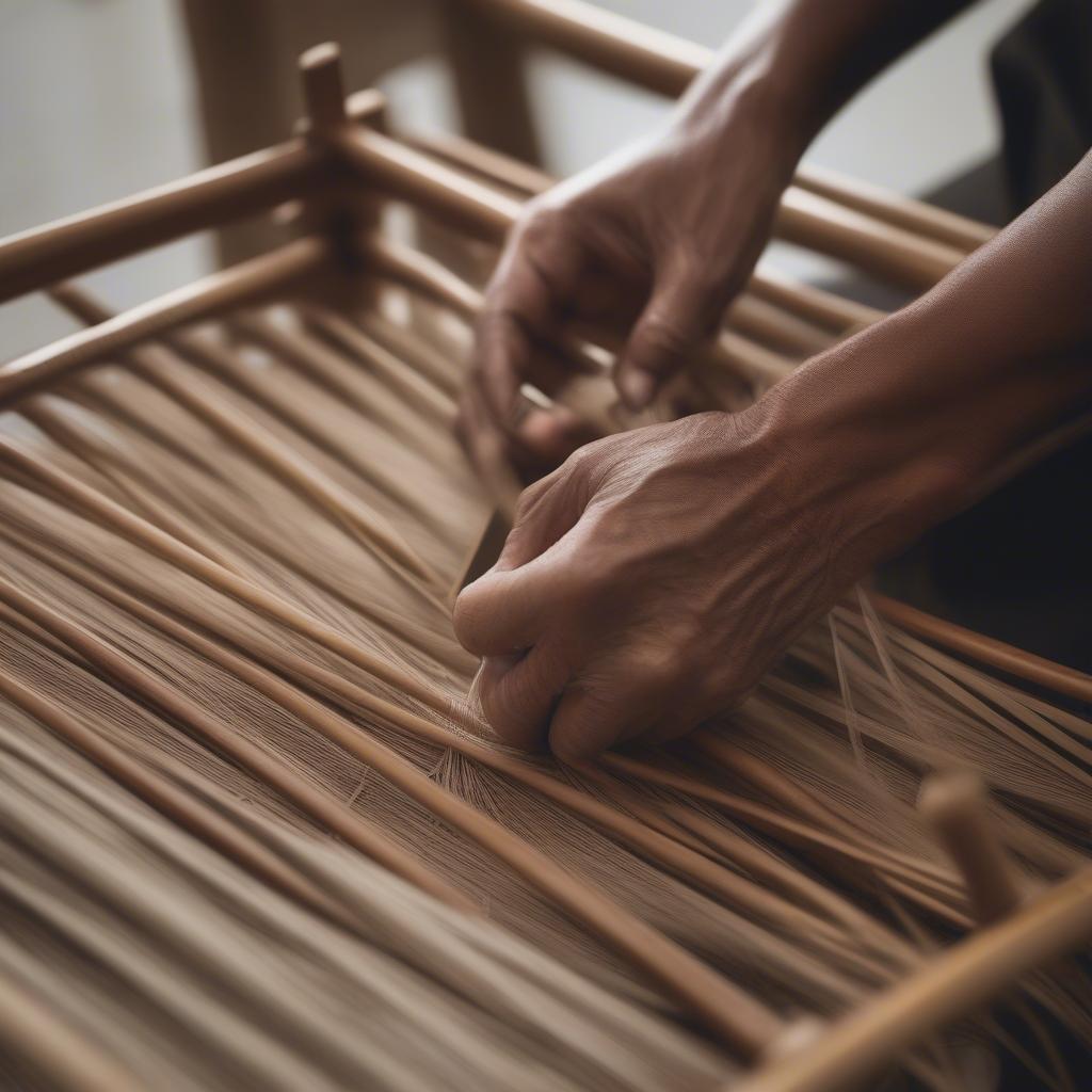 Close-up of a chair weaver's hands meticulously weaving rattan onto a chair frame in Raleigh, NC.