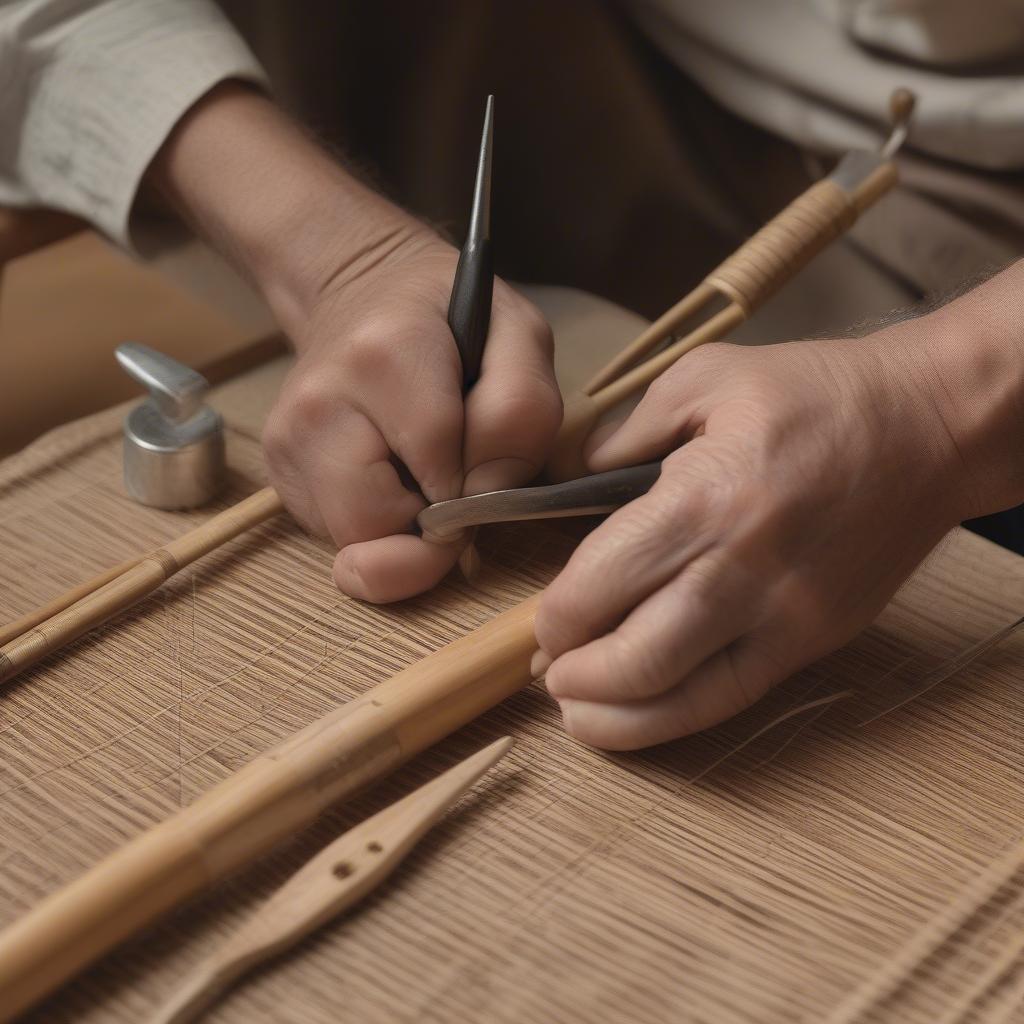 The process of chair weaving repair, showing the tools and materials used.