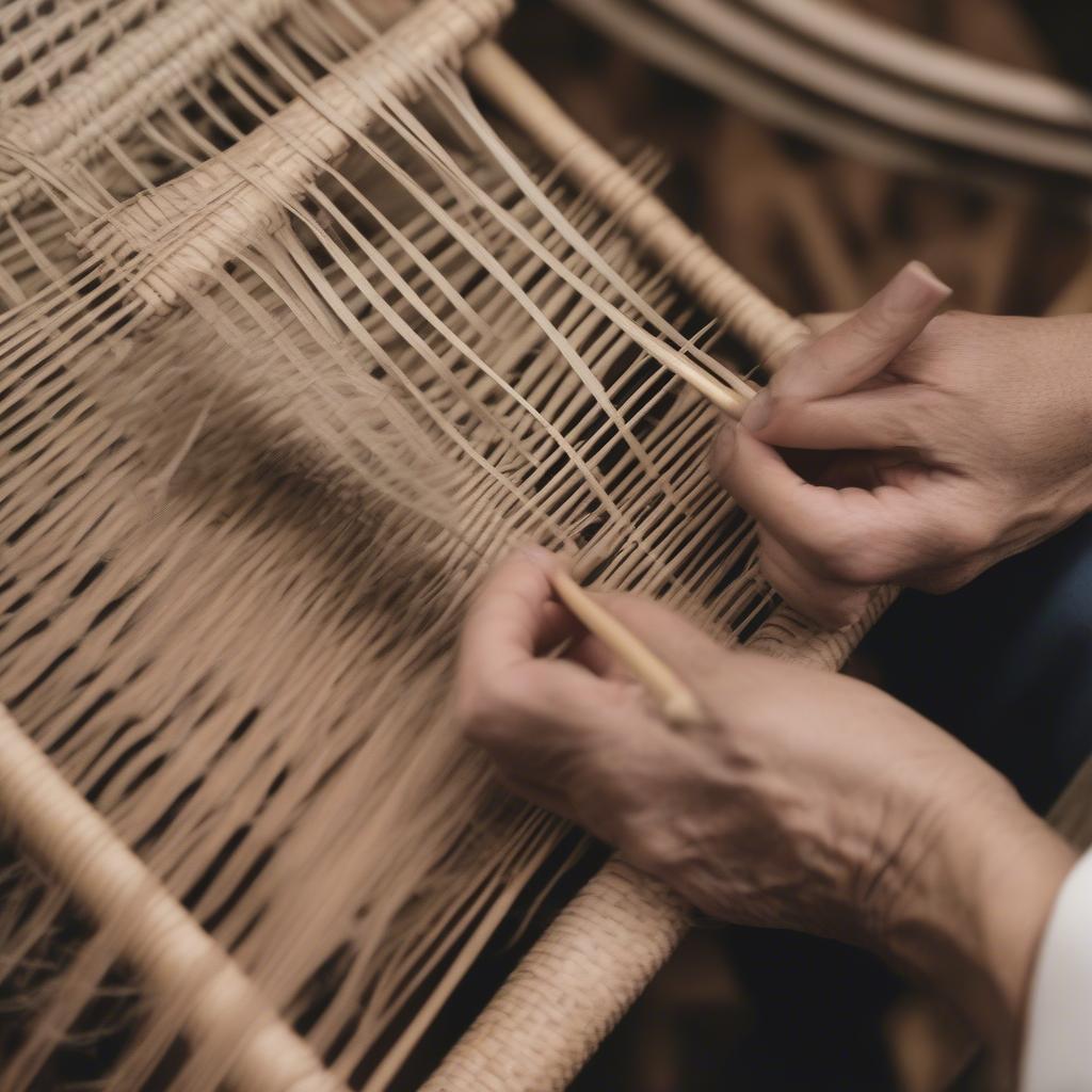 Close-up view of different chair weaving techniques