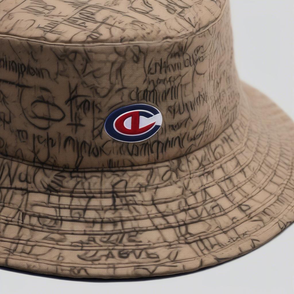 Close-up of the Champion script pattern on the reverse weave bucket hat