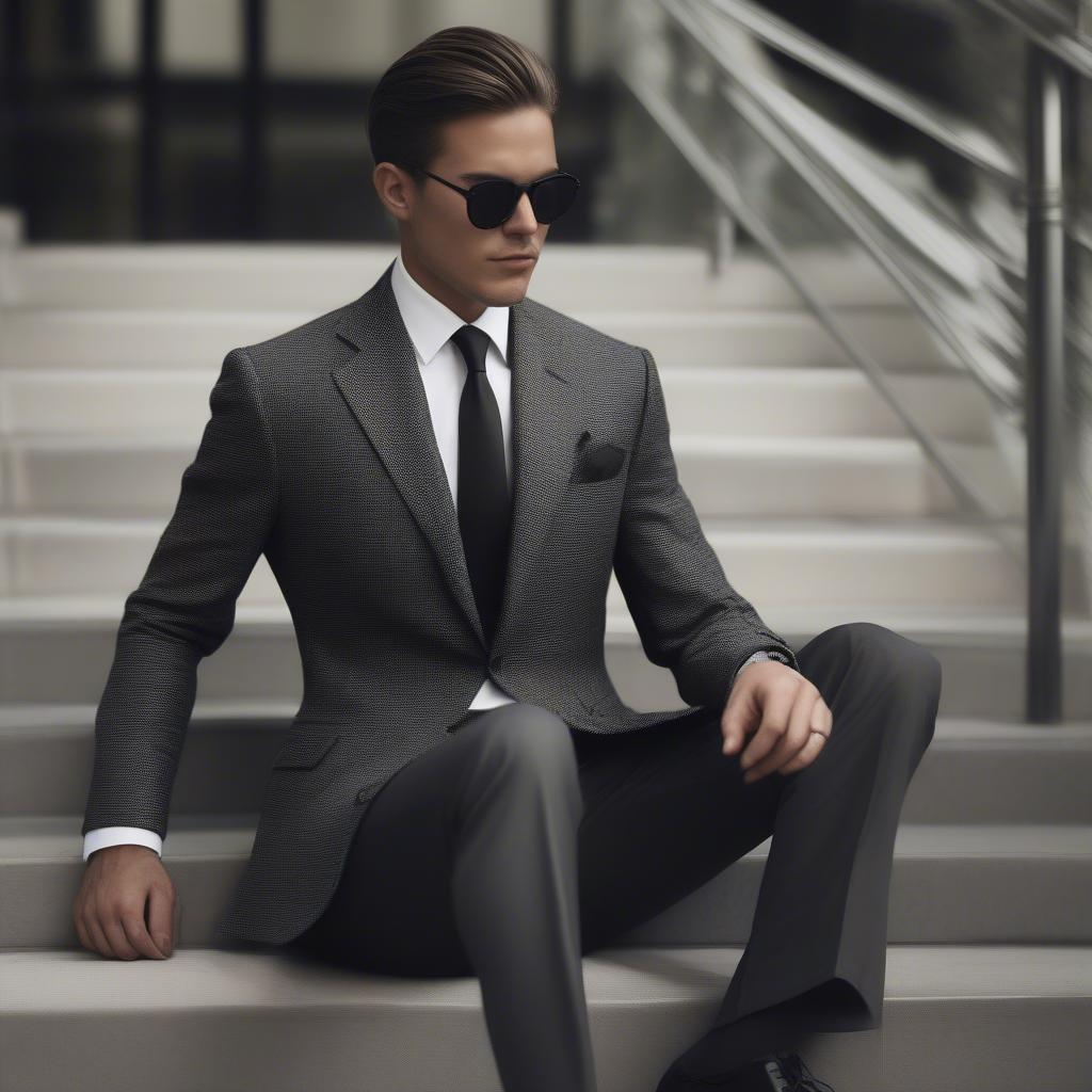 A man in a charcoal basket weave sportcoat with a white dress shirt and tie, demonstrating a formal look.