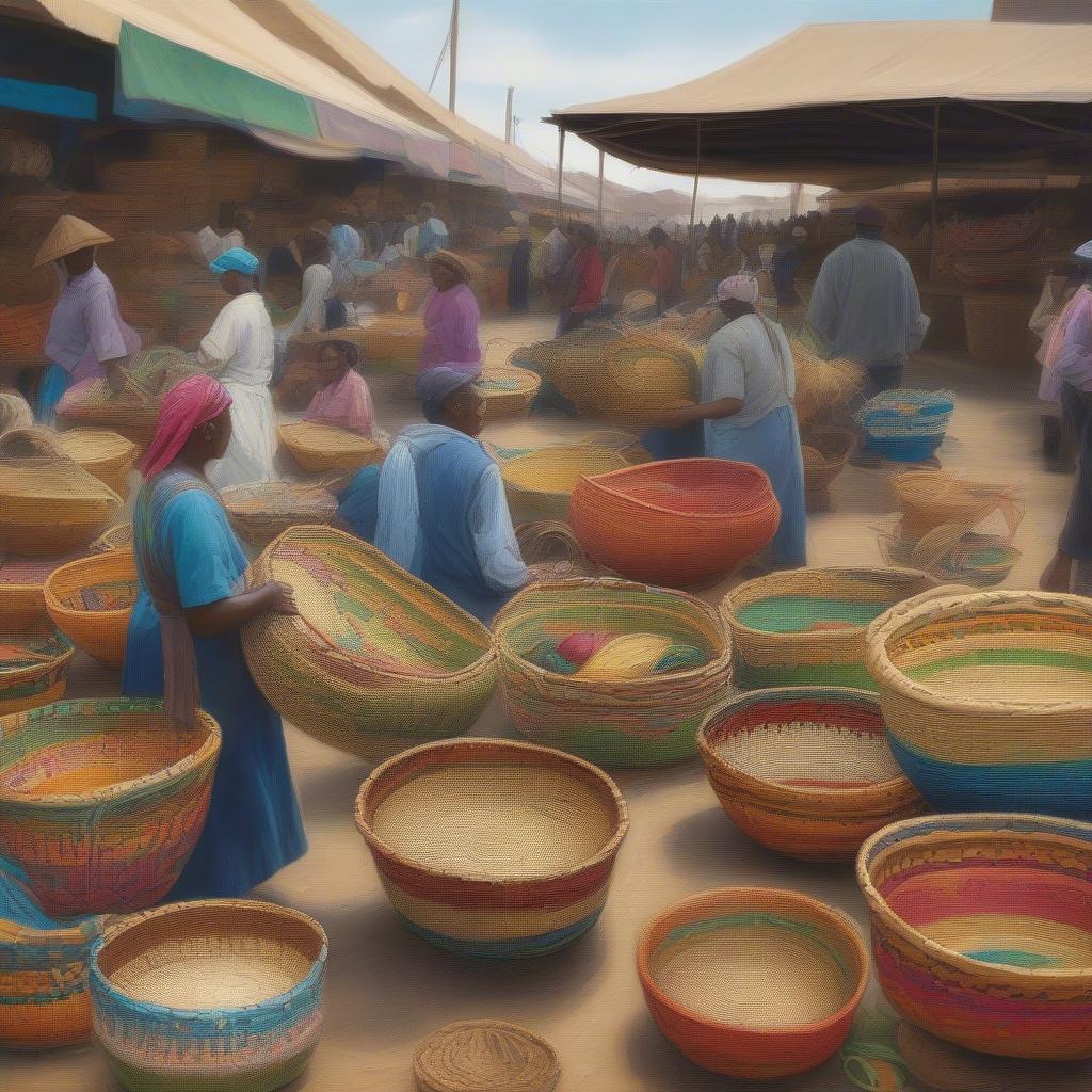 A display of colorful sweetgrass baskets at the Charleston City Market, showcasing the variety of shapes and sizes available.