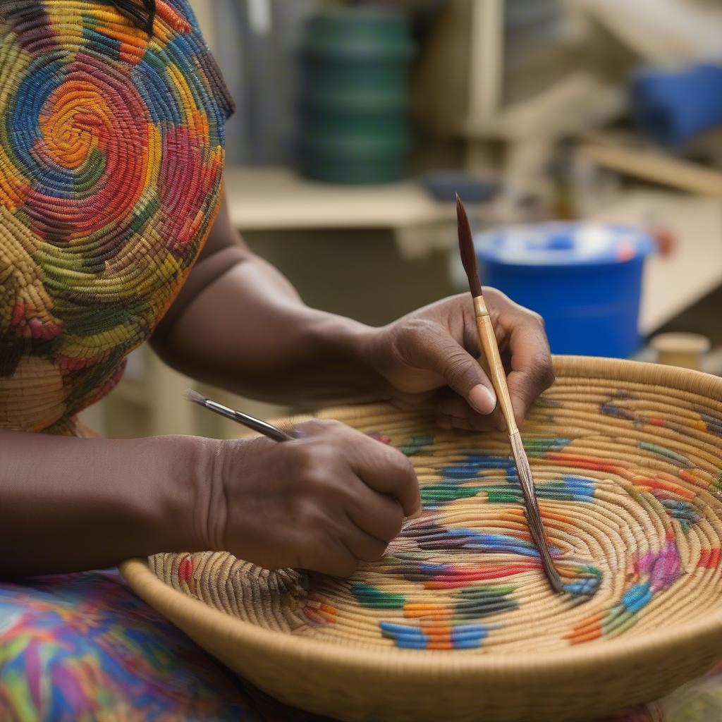 Charleston Gullah Basket Weaver Adding Painted Designs