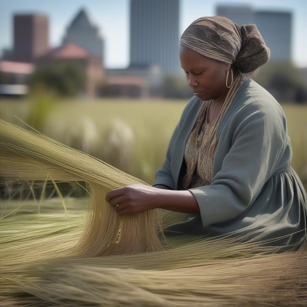 A Gullah woman weaving a sweetgrass basket in Charleston, demonstrating the traditional technique passed down through generations.