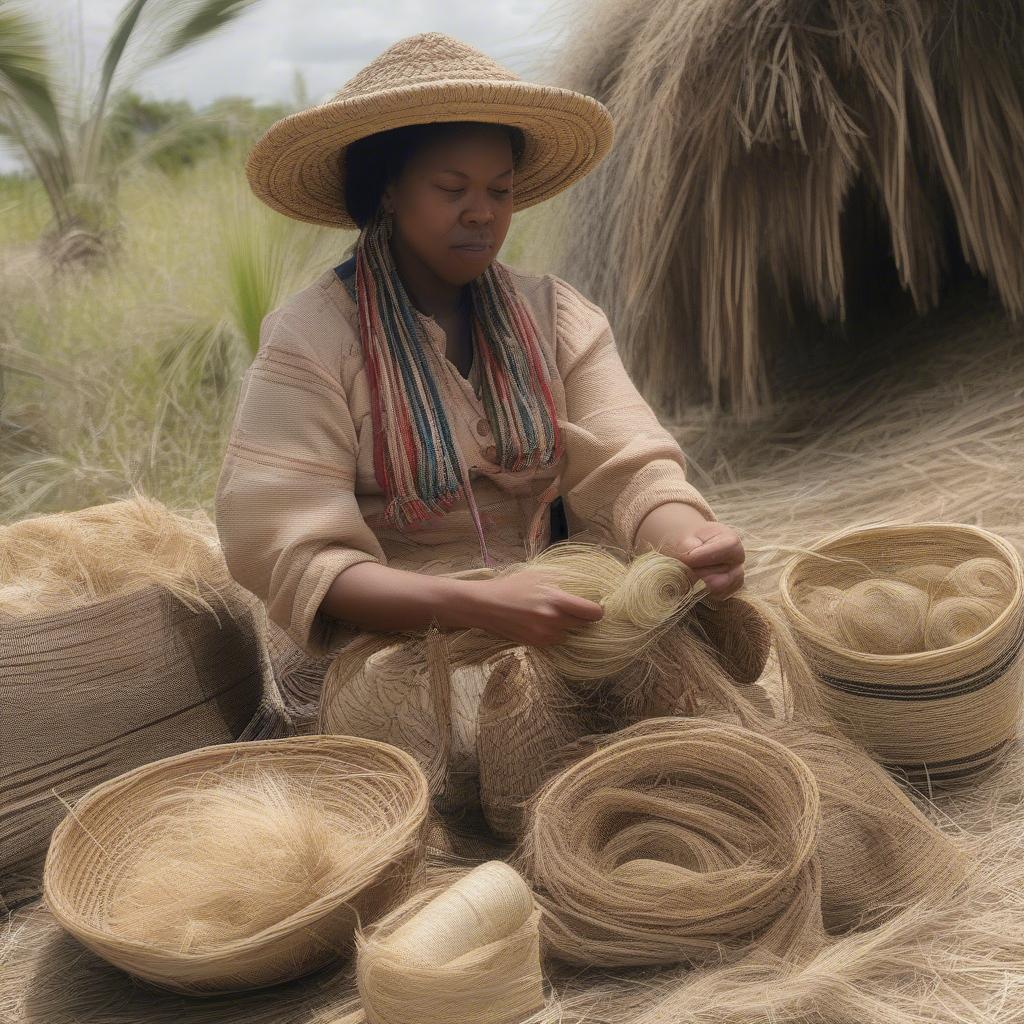 Chastity Mays carefully selecting natural fibers for her basket weaving, showcasing ilala palm, sisal, and sweetgrass.