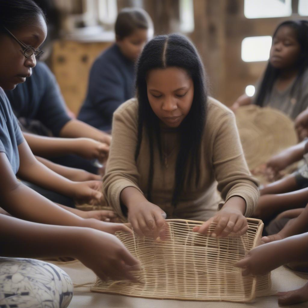 Chastity Mays leading a basket weaving workshop, demonstrating techniques to a group of students.