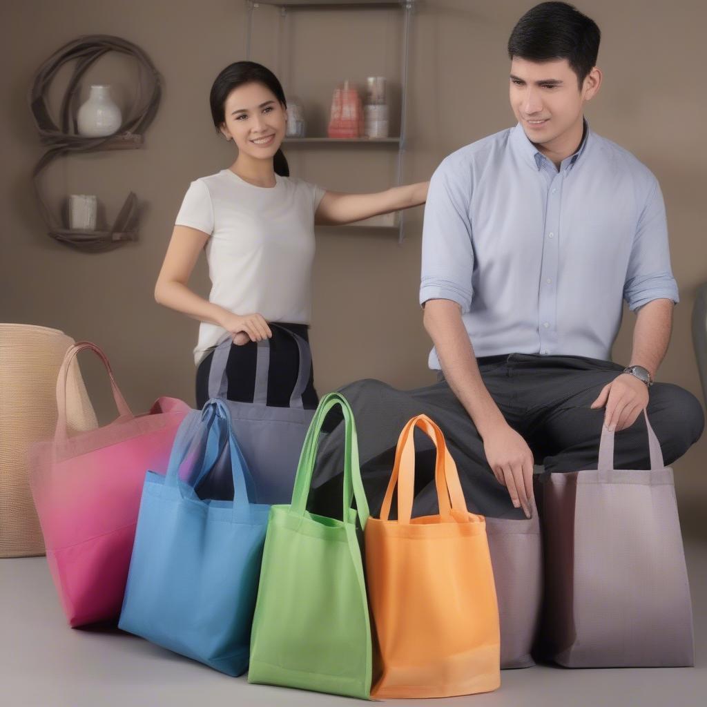 A variety of cheap non-woven tote bags from different exporters.