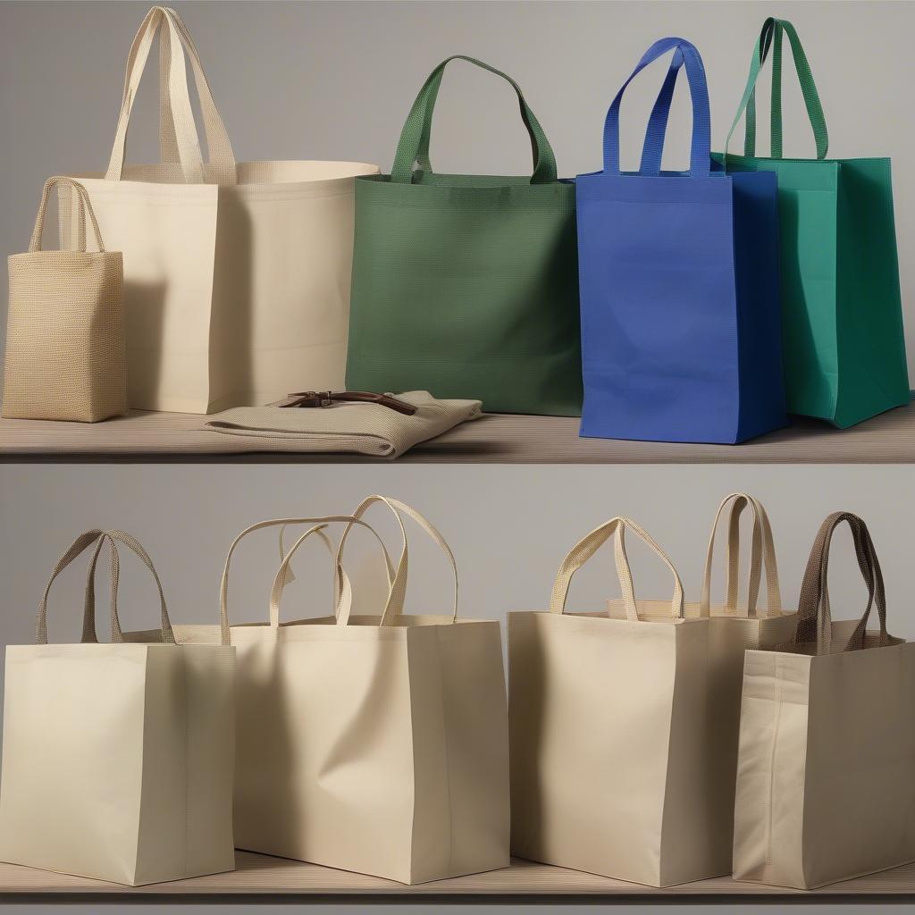 Close-up of various cheap, recyclable PP woven bags showcasing different sizes, colors, and printing options.