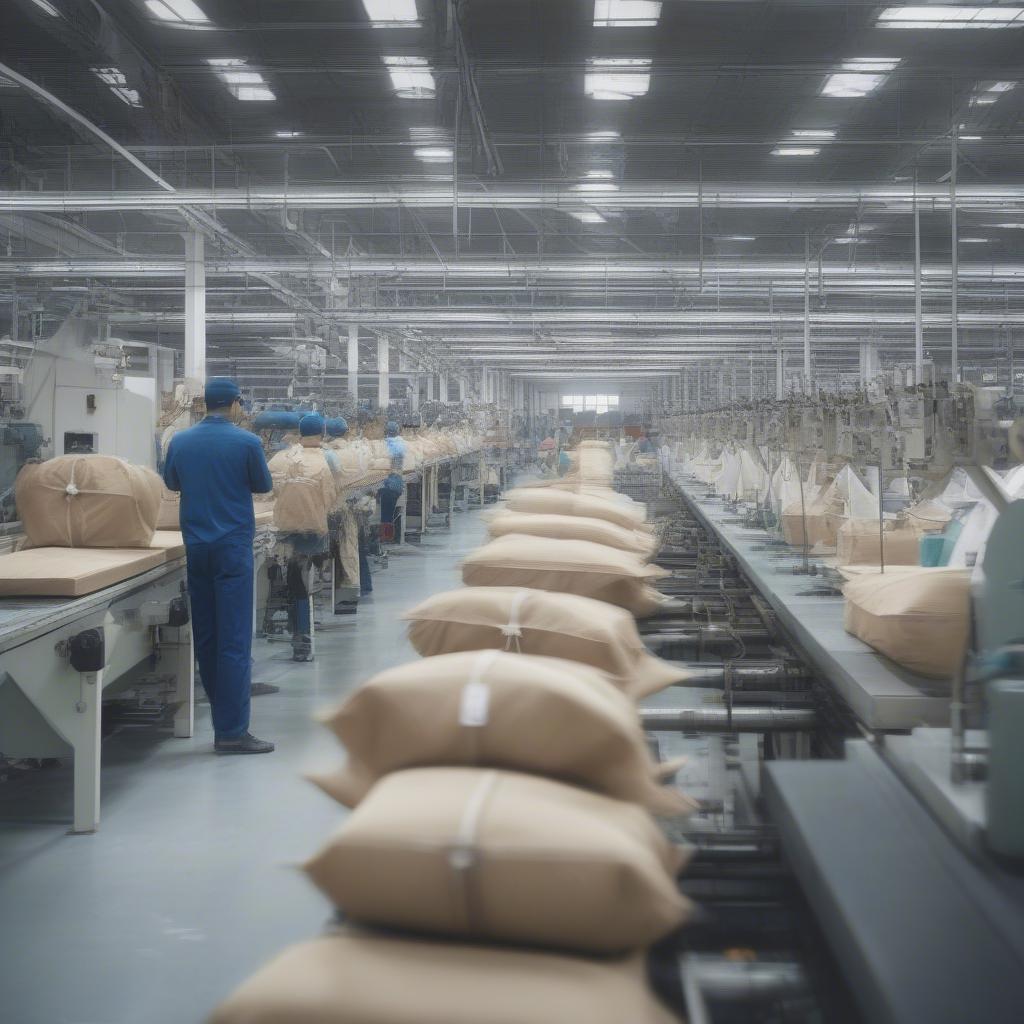 Production line in a cheap woven tote bag factory