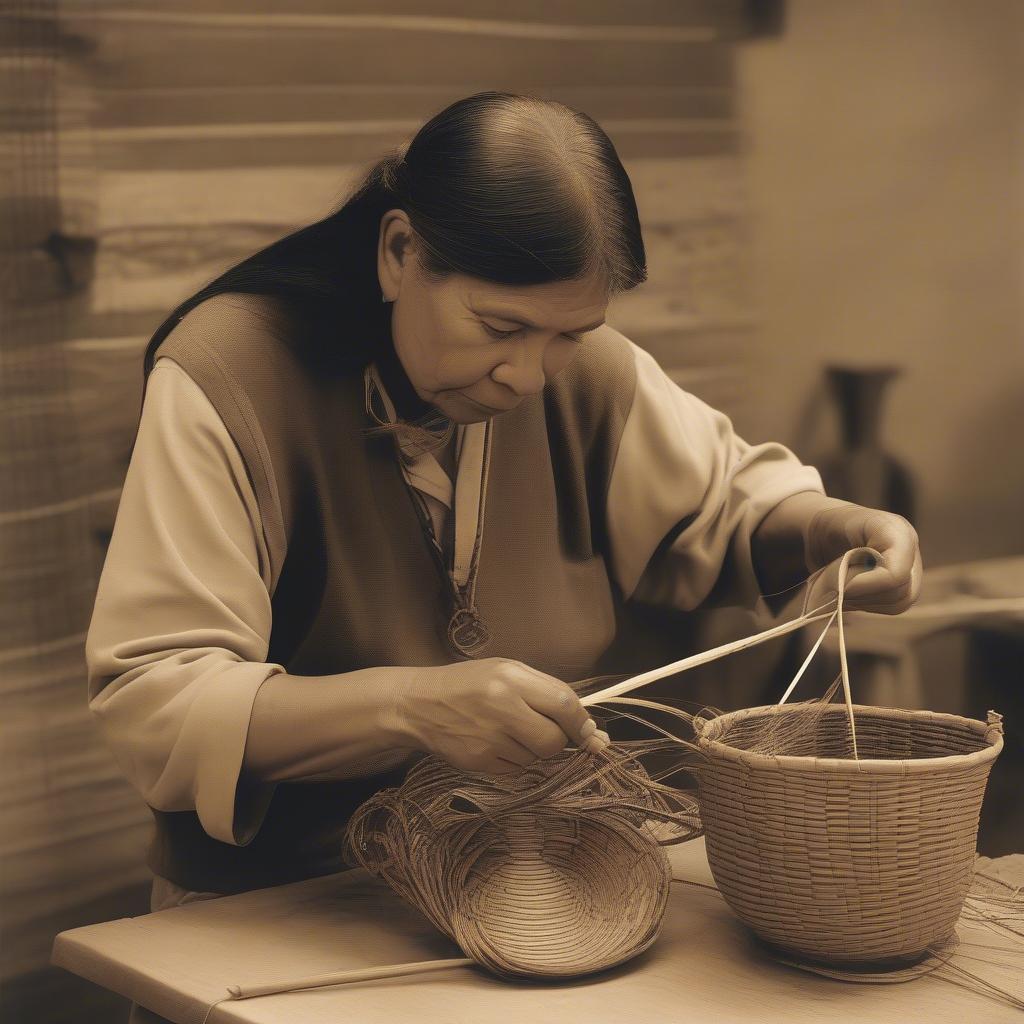 Contemporary Cherokee basket weaver at work