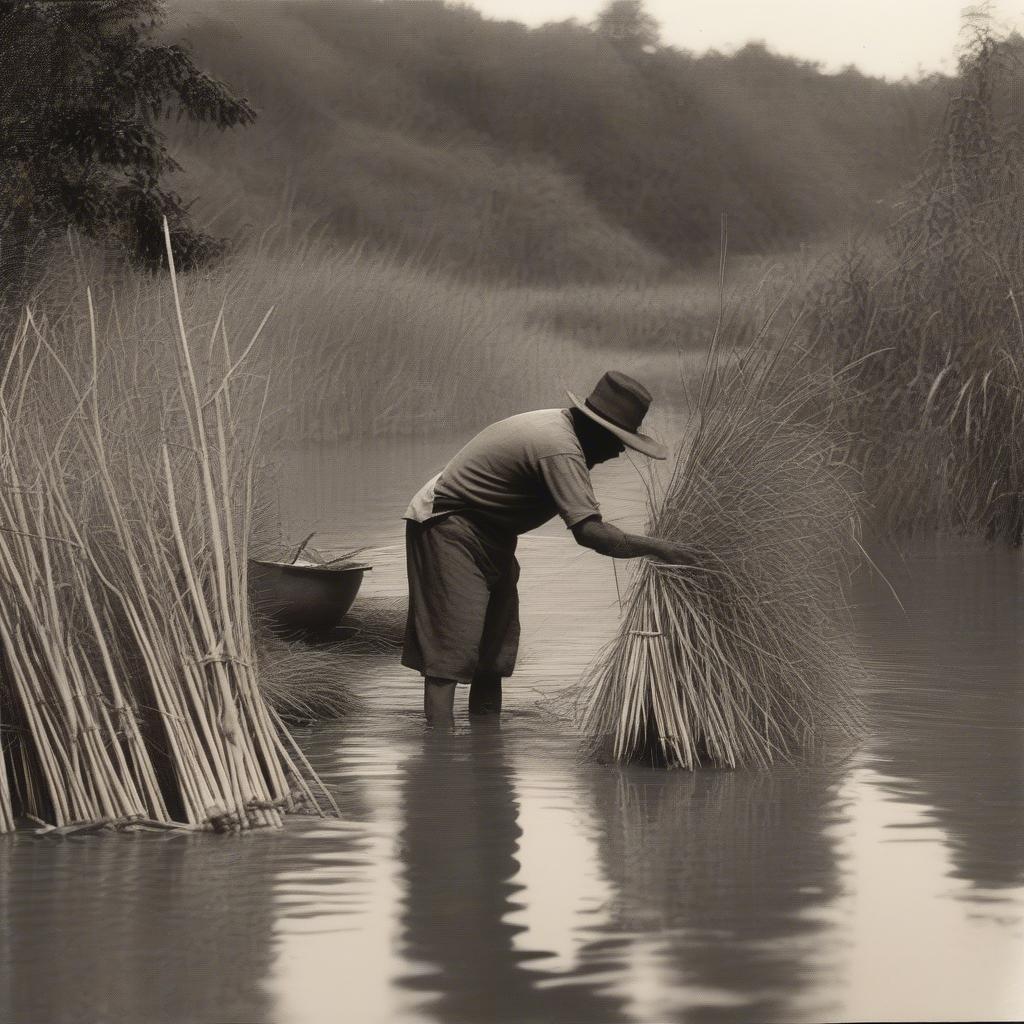 Cherokee artisan harvesting rivercane for basket weaving