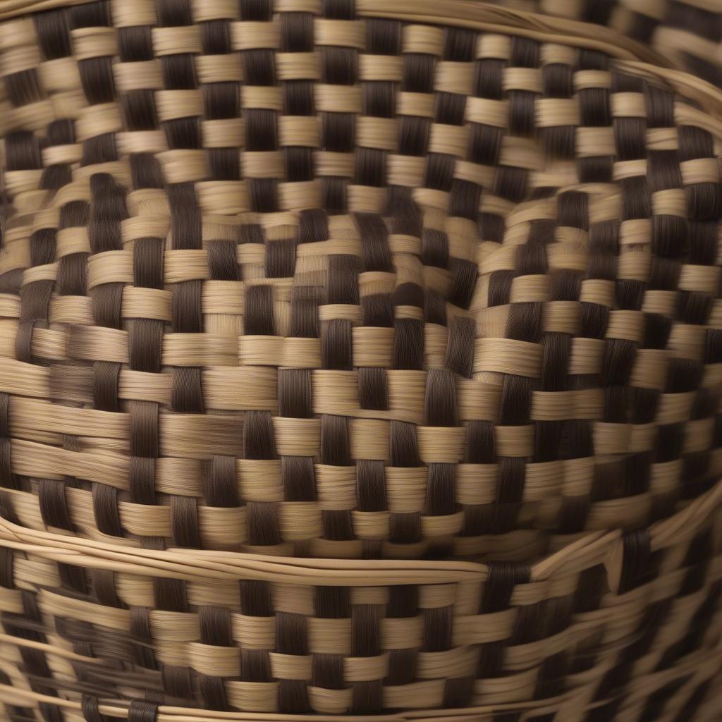 Close-up view of a chessboard weave basket showcasing the intricate alternating pattern of light and dark materials.