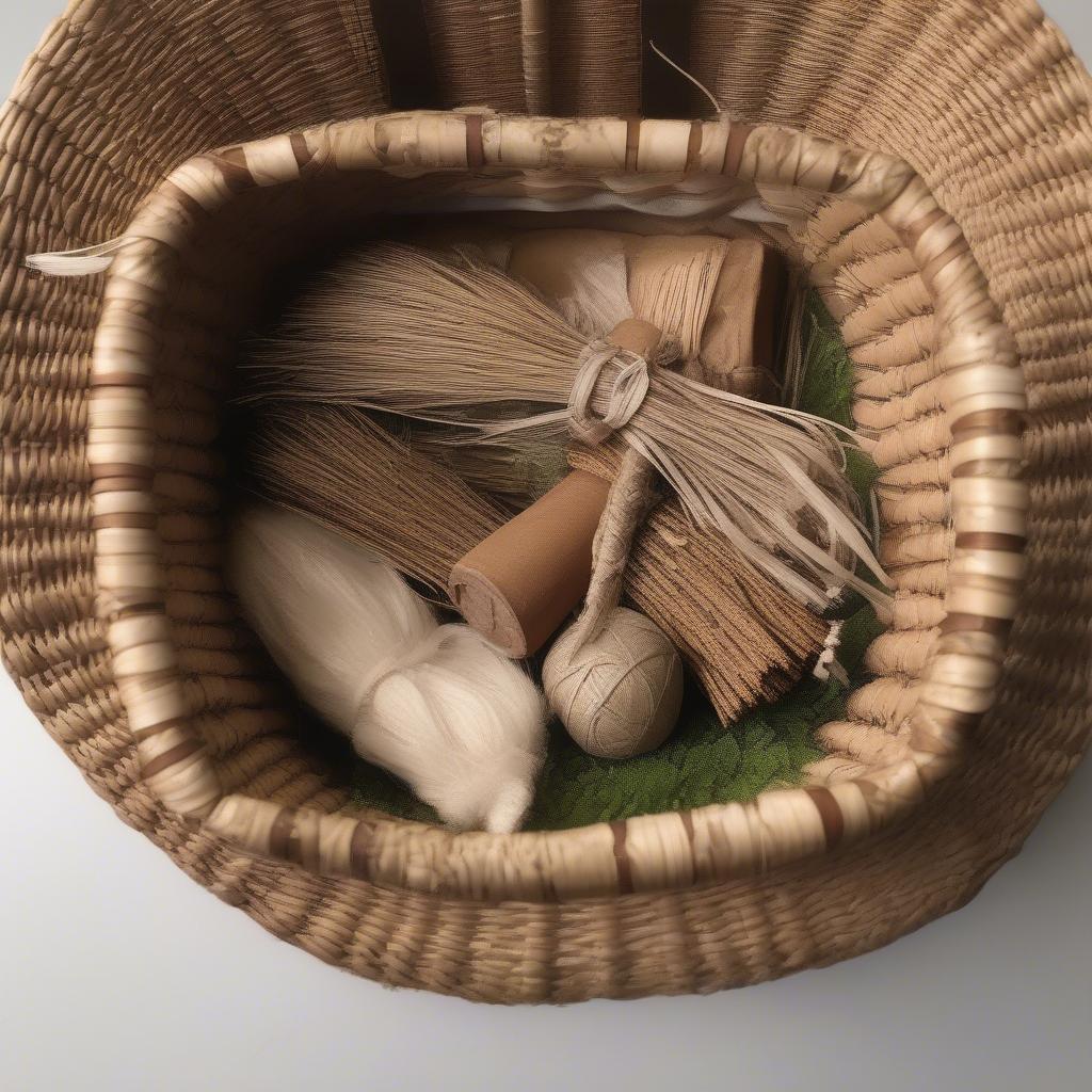 Chiefs Daughter Basket Weaving Materials - An assortment of natural materials used in Chiefs Daughter basket weaving, including cedar bark, spruce root, and bear grass.