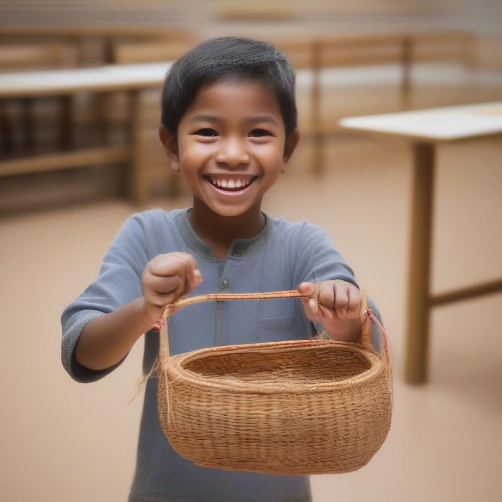 Child Proudly Displaying Finished Basket