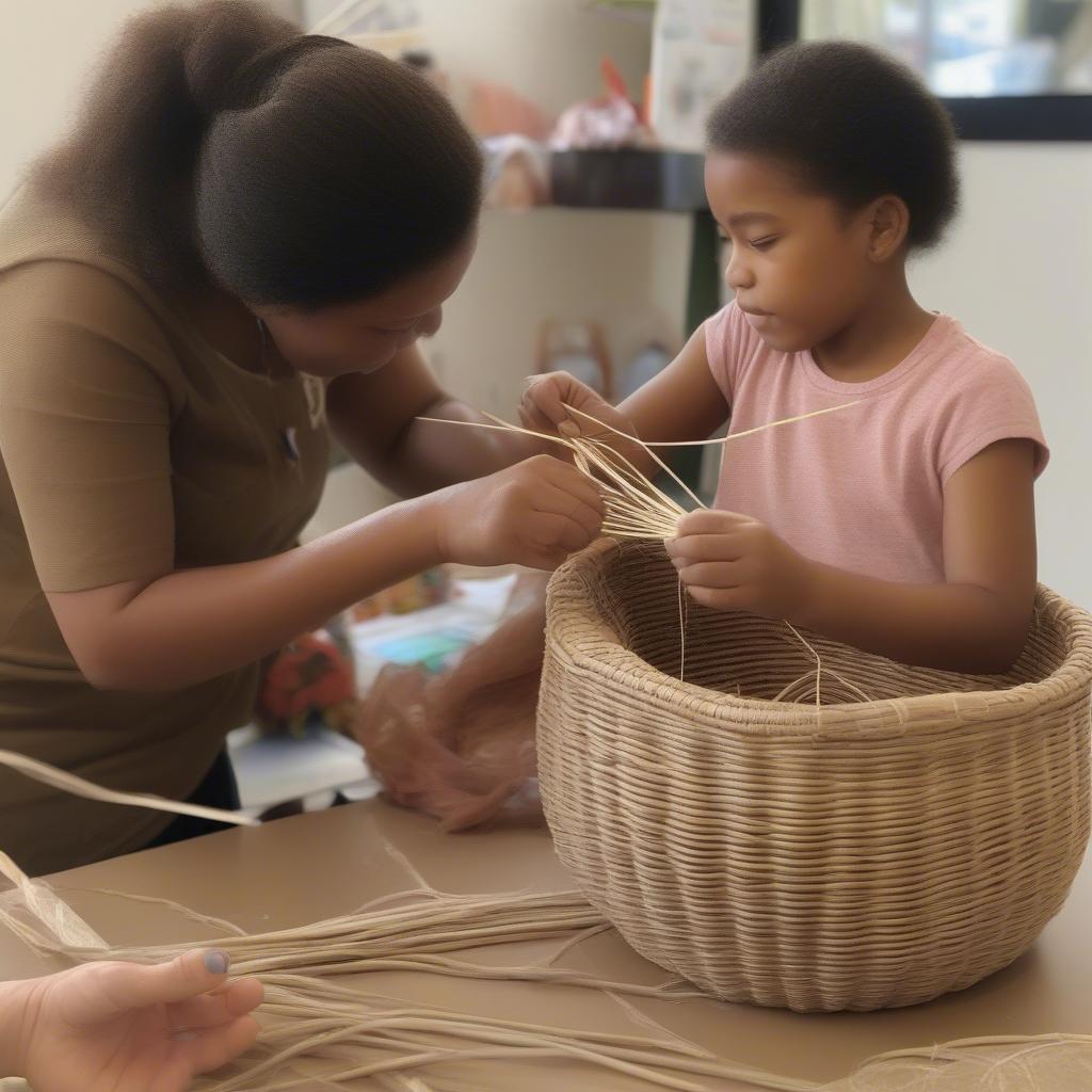 Child Weaving a Basket with Parent: A parent guiding a child through the basket weaving process, emphasizing collaboration and learning.