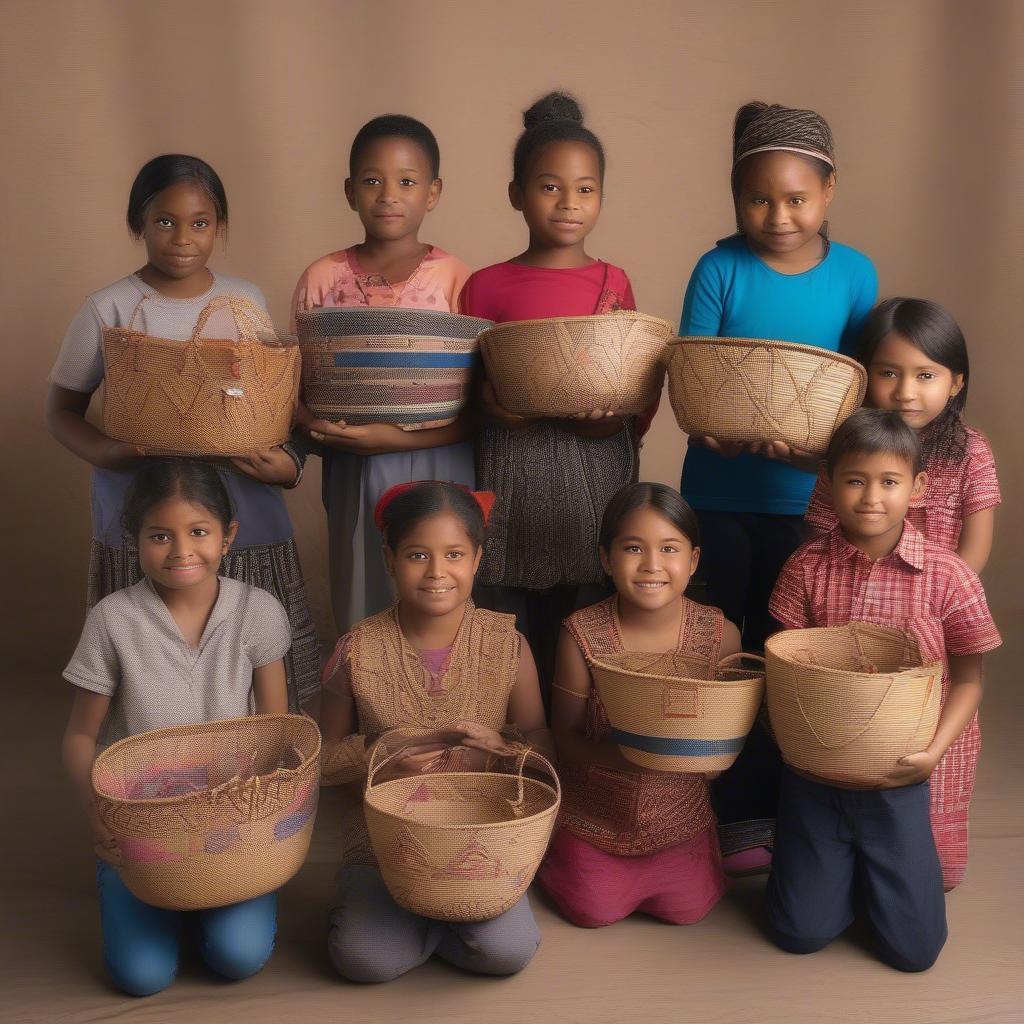 Kids proudly showing their woven baskets