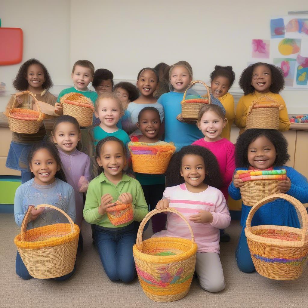 Children Proudly Displaying Their Woven Baskets