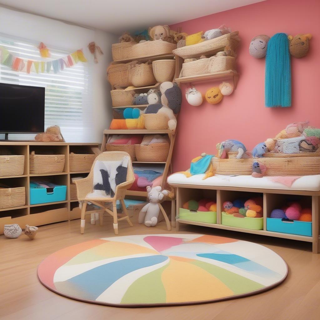 Colorful children's non-weaving baskets used for toy storage in a playroom, showcasing various sizes and designs.