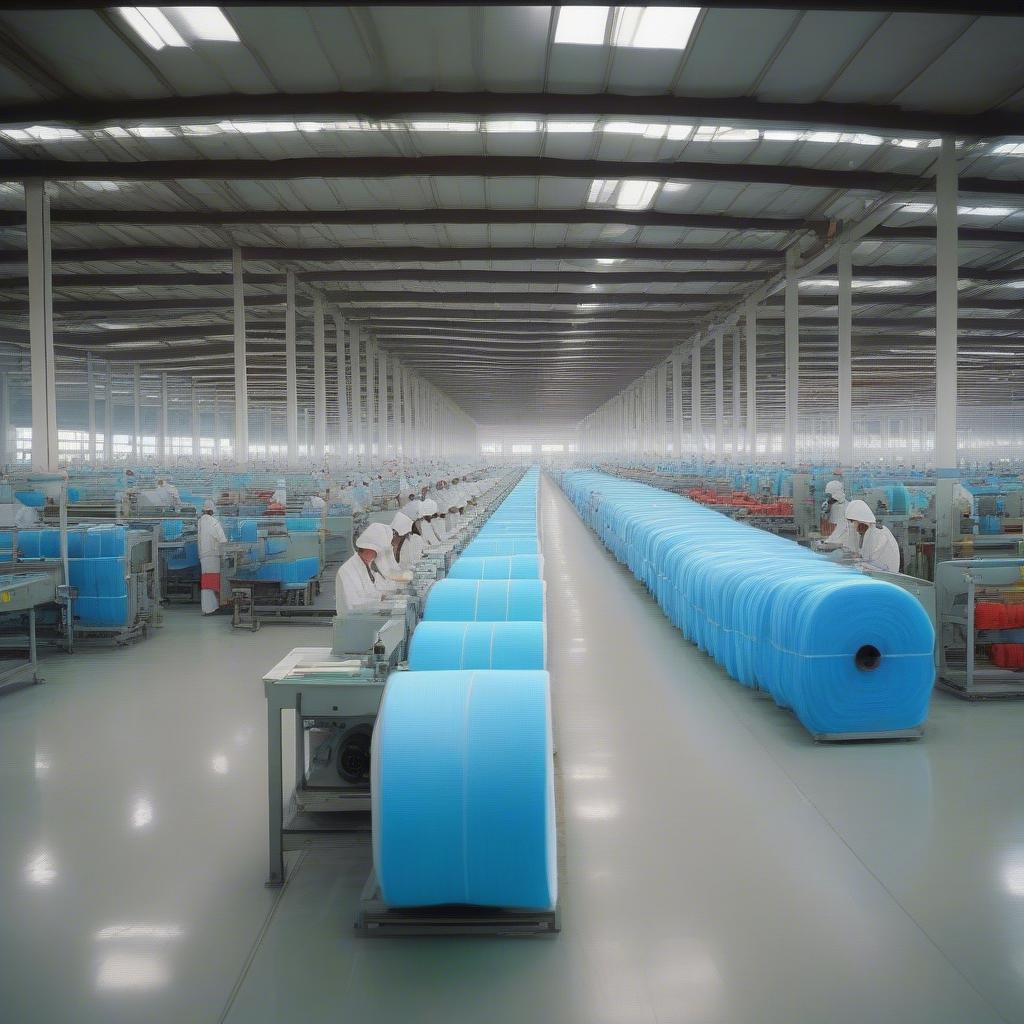 A bustling Chinese non-woven bag factory showing rows of machinery and workers diligently producing bags.