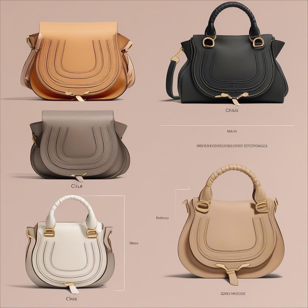 Comparison of different Chloe Marcie bag sizes: small crossbody, medium shoulder bag, and large tote.