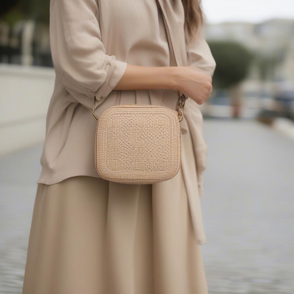 Chloe Small Woven Crossbody Bag in Beige