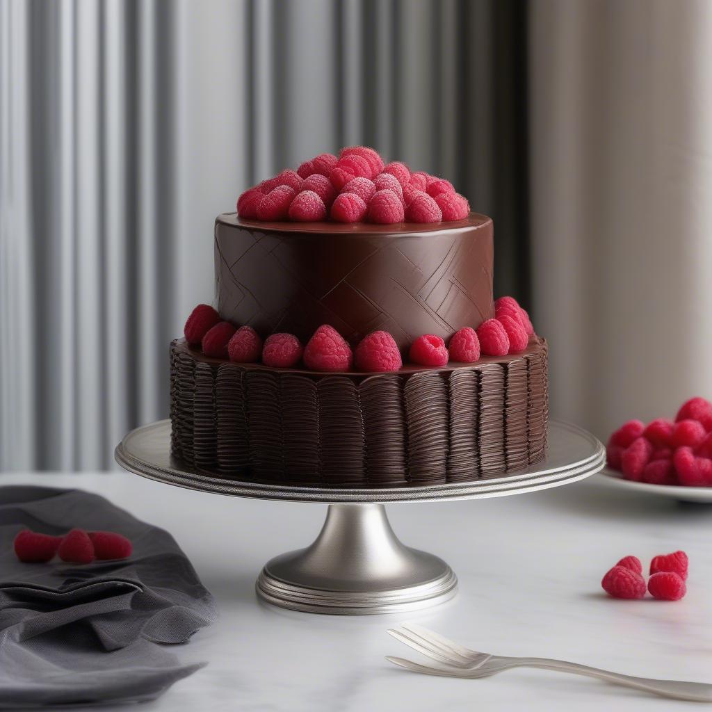 A rich chocolate basket weave cake with raspberry filling