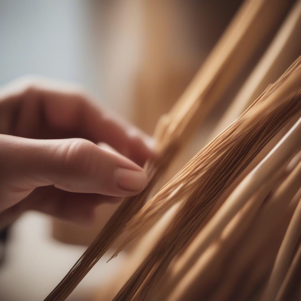 Selecting high-quality reeds for basket weaving. Close-up of hands examining reeds for flexibility and consistency.