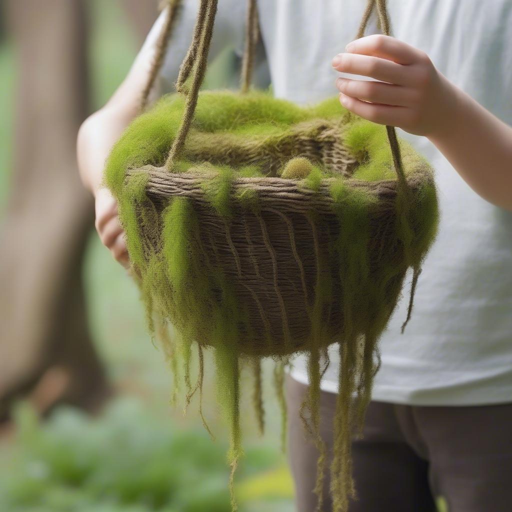 A person carefully examining a moss weave hanging basket, checking its size, shape and material.