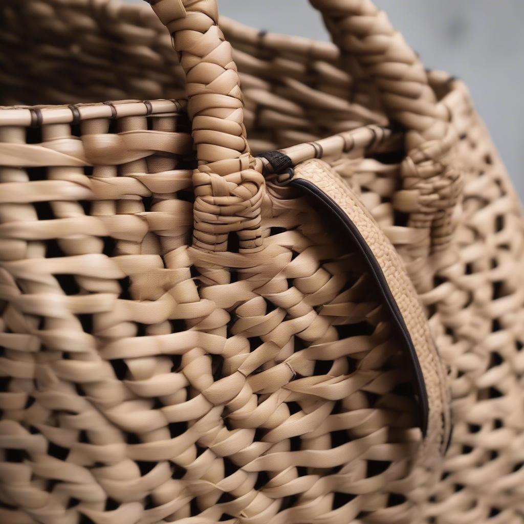 Close-up view of a Christopher Kon woven bag, showcasing the intricate weaving patterns and natural materials.