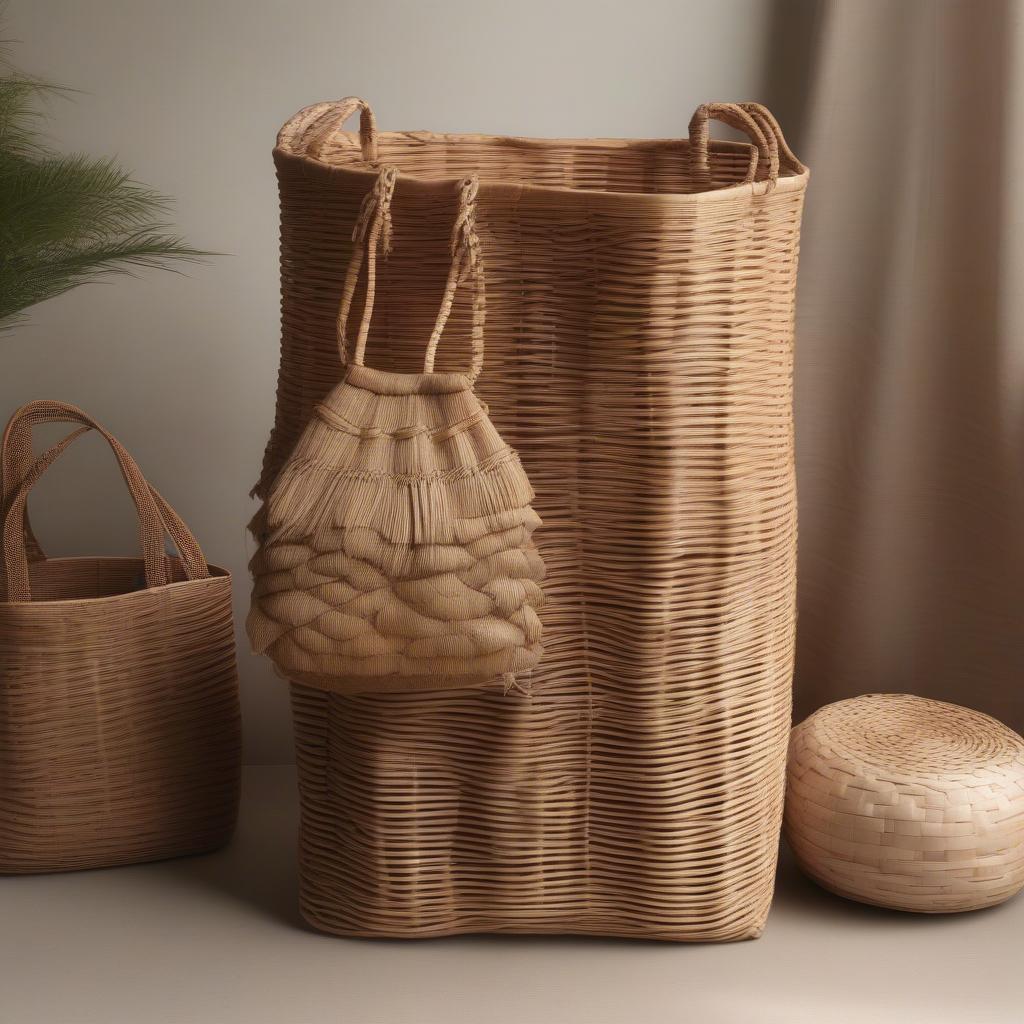 Christopher Kon woven bag displayed alongside raw, natural materials like rattan and wicker, emphasizing the bag's sustainable origins.