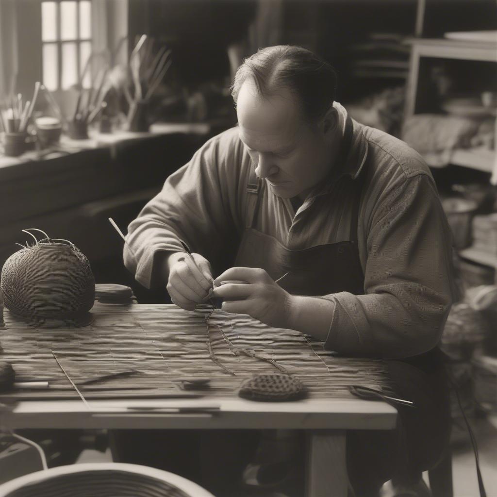 Christopher Norton meticulously weaving a basket using traditional techniques.