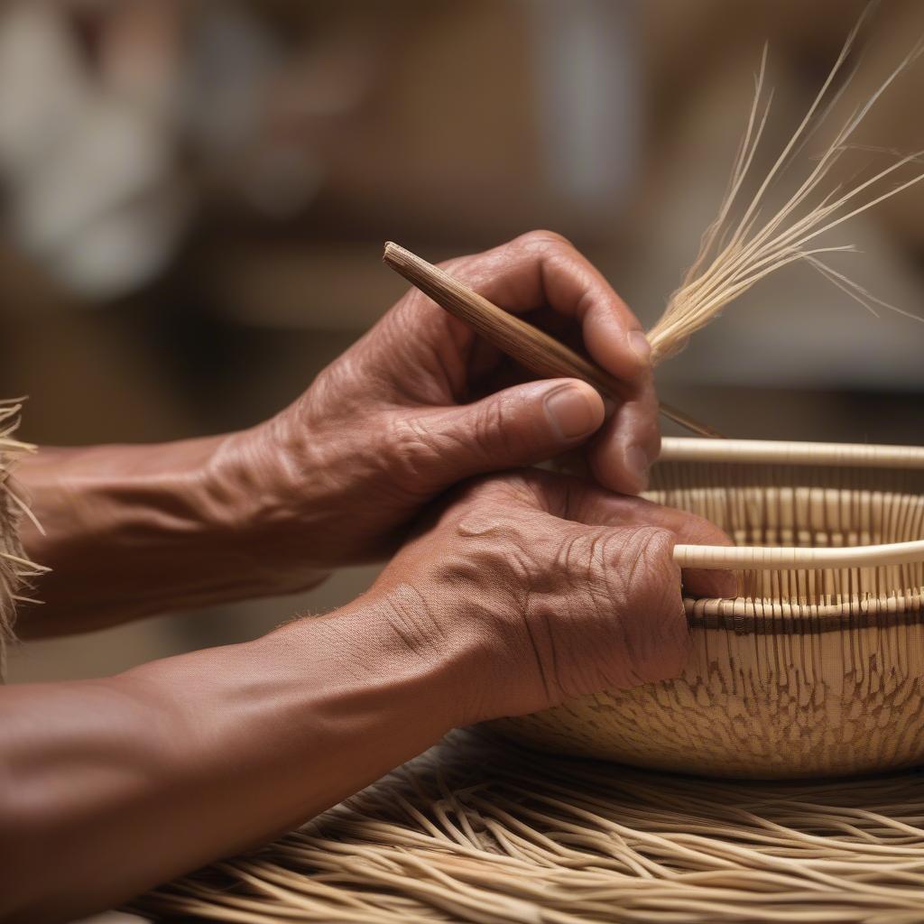 Chumash artisan using a traditional bone awl to weave a basket.