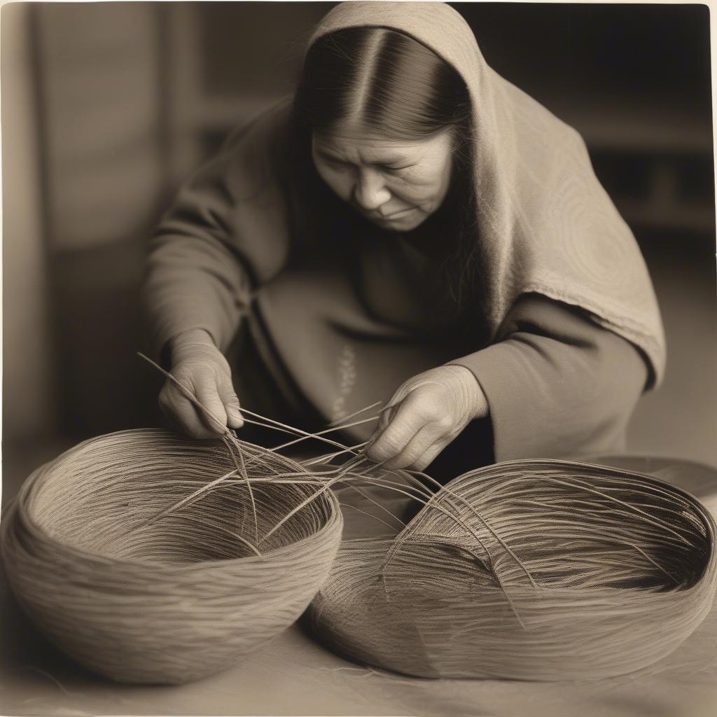 Chumash woman demonstrating the intricate coiling technique used in traditional basket weaving, showcasing the careful manipulation of juncus and sumac fibers.