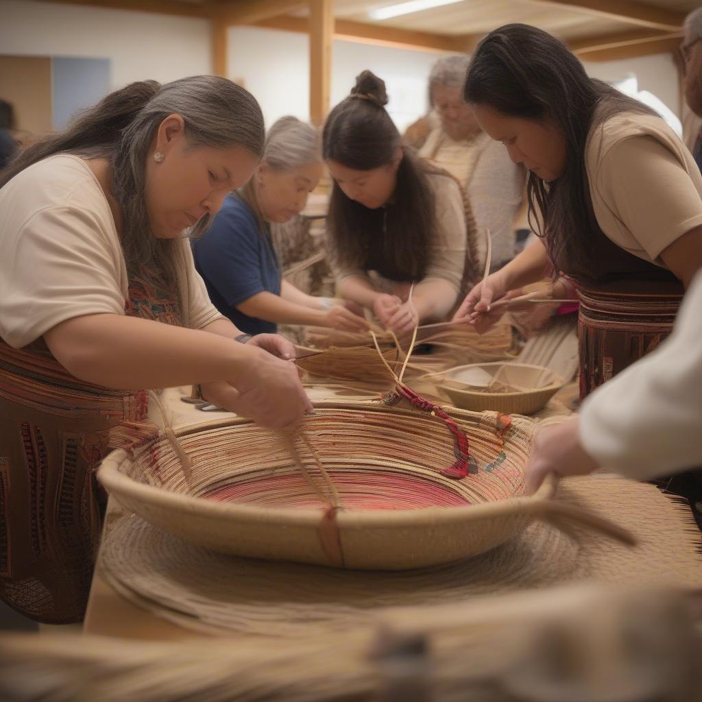 A group of people learning Chumash basket weaving techniques using traditional awls.