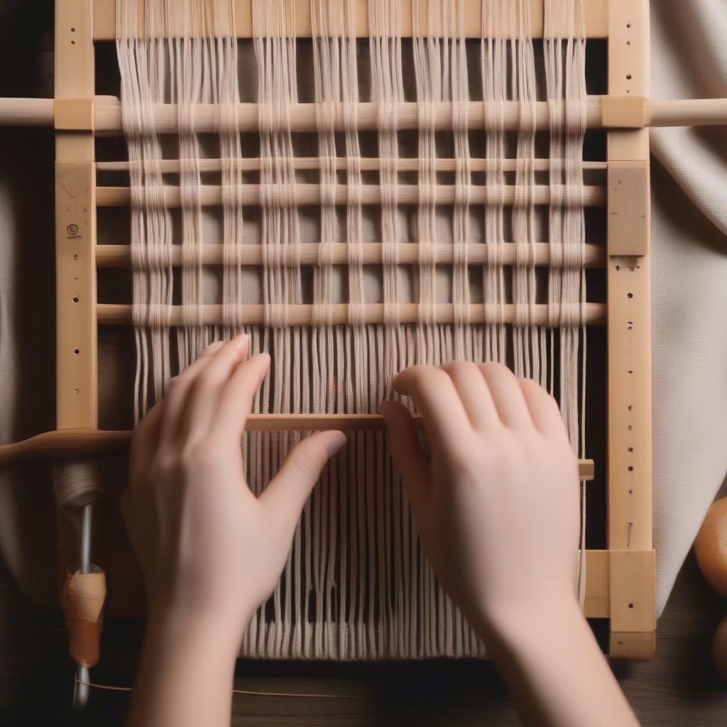 Cindwood loom being used to create a basket weave beanie