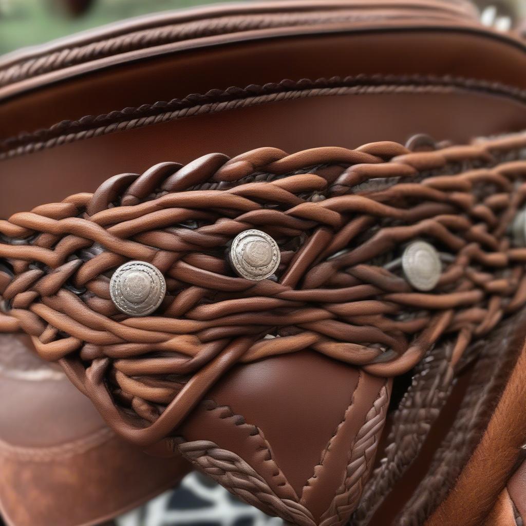 Close up view of the intricate basket weave pattern on a Circle Y headstall