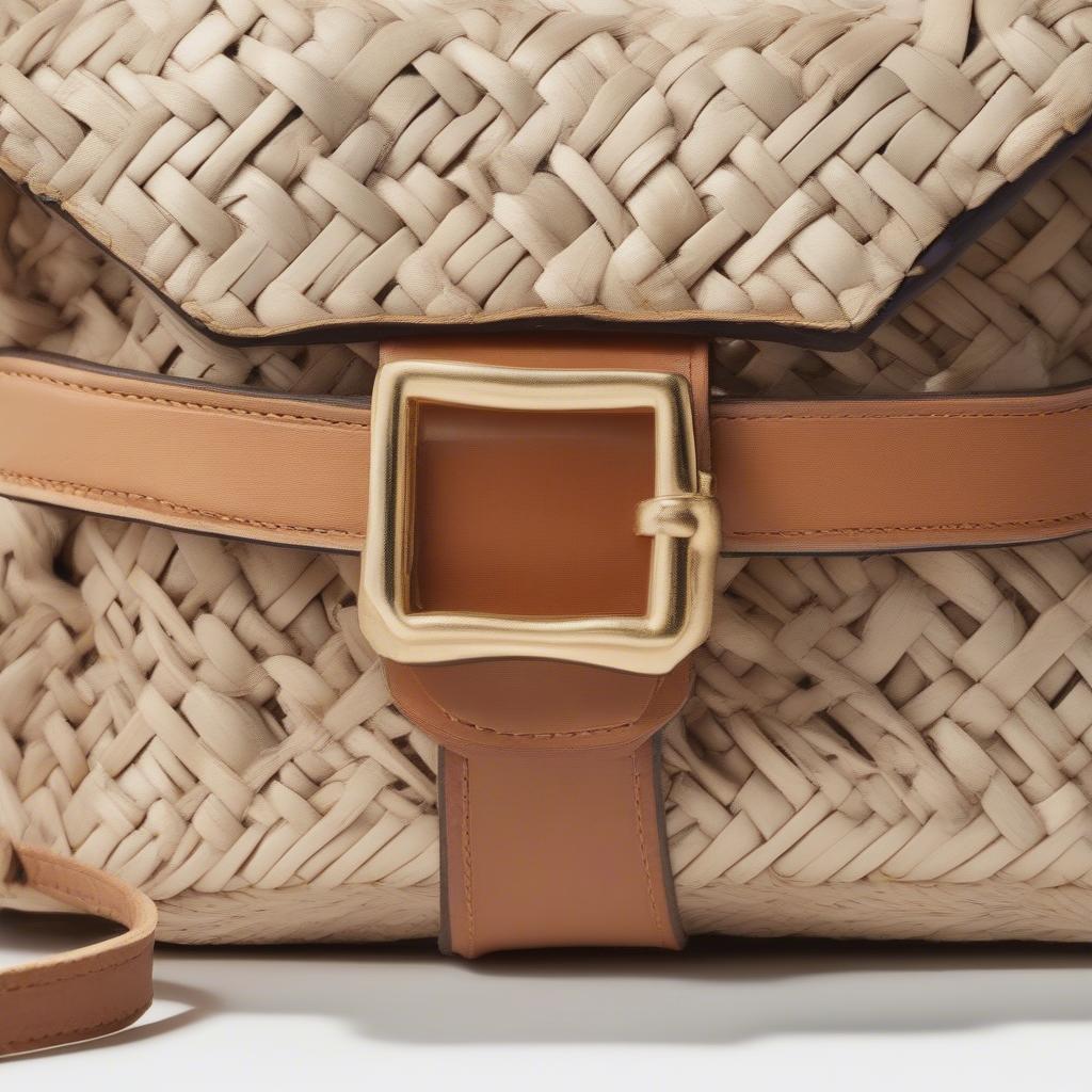 Close-up view of the Clare V Alice woven bag, showcasing its intricate weave and leather details.