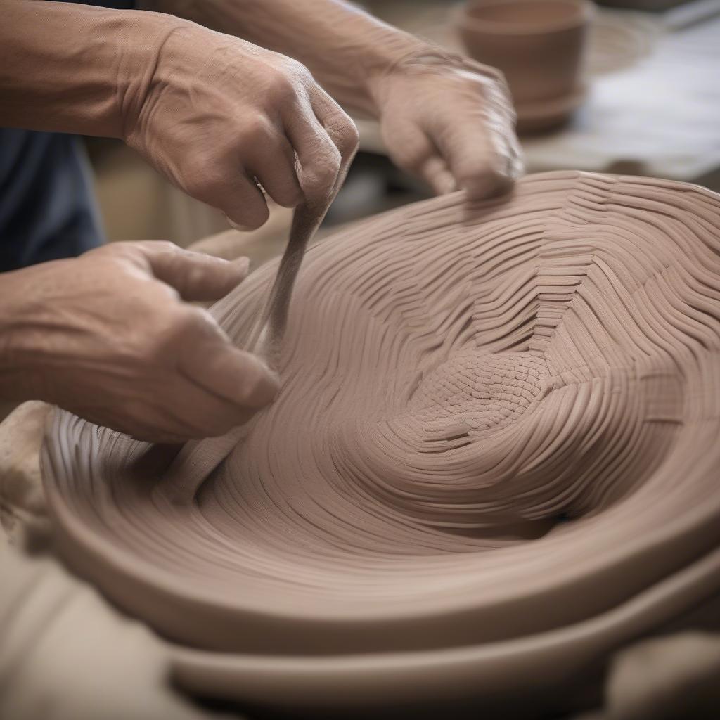 Artisan Creating a Clay Basket Weave Pot, Showing the Weaving Technique