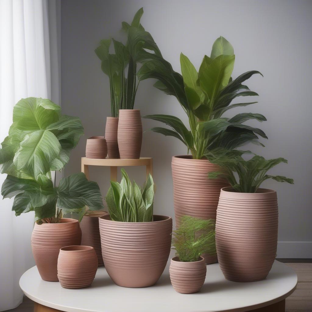 Indoor Display of Clay Basket Weave Pots with Various Plants