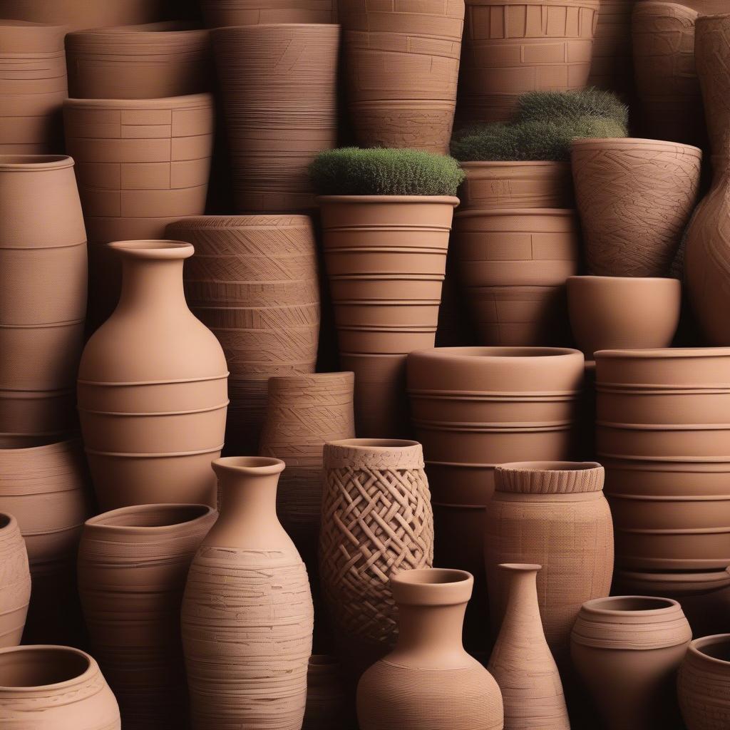 Various Clay Basket Weave Pots Showcasing Different Sizes, Shapes, and Weaving Patterns