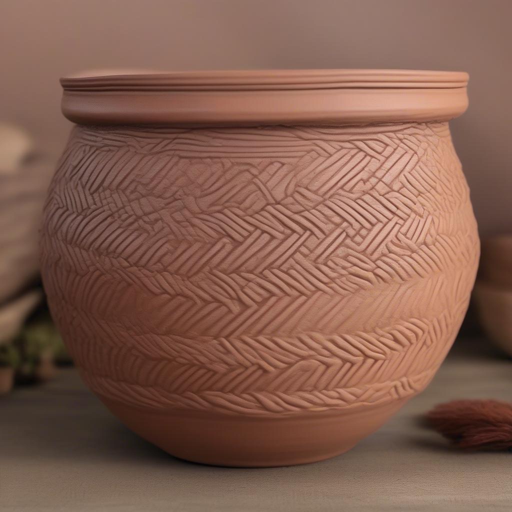 Clay pot decorated with basket weave pattern