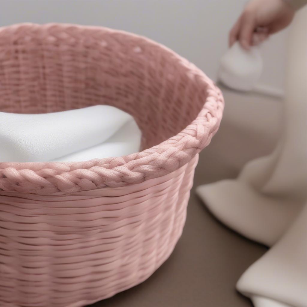 Cleaning a blush pink y-weave storage basket with a damp cloth.