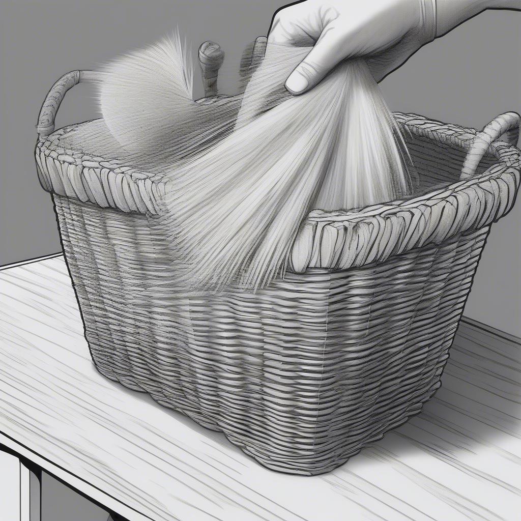 A person carefully dusting a comic book basket with a soft brush.