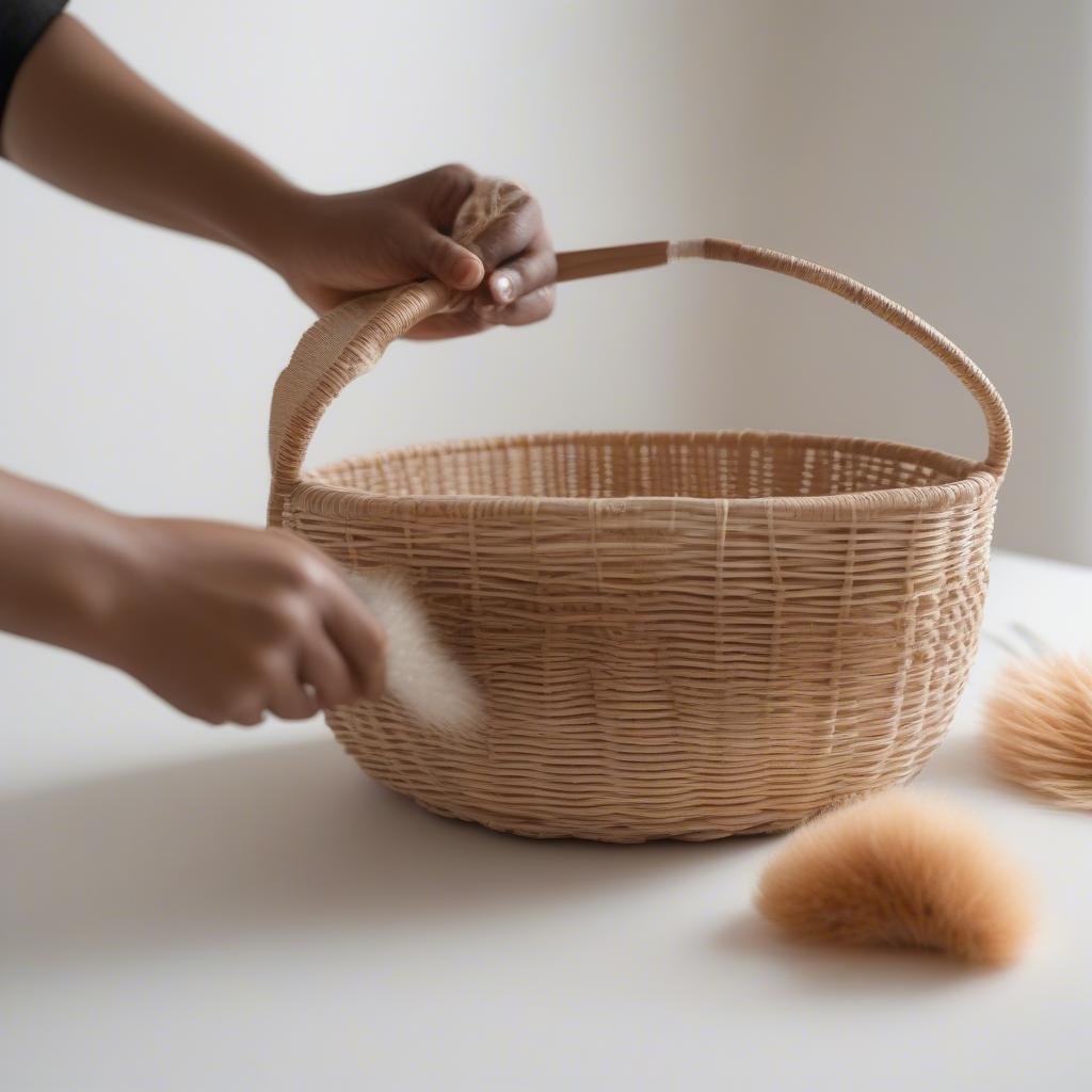 A person cleaning a flowery weaved basket with a soft brush