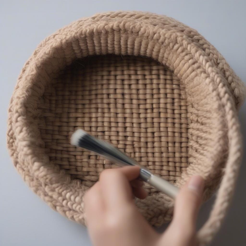 Demonstrating how to clean a round weave bag