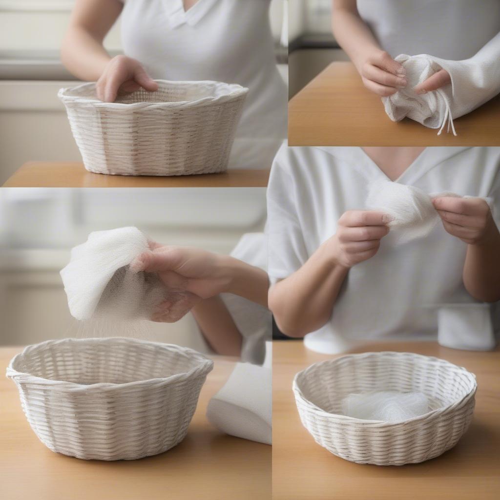 Demonstrating how to clean a small y weave basket