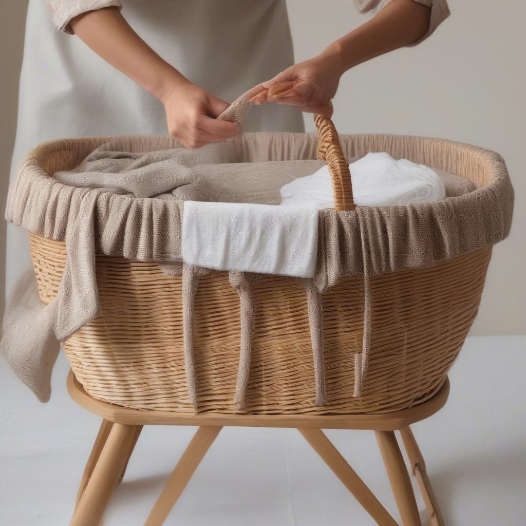 A person gently cleaning a weaved moses basket with a damp cloth.