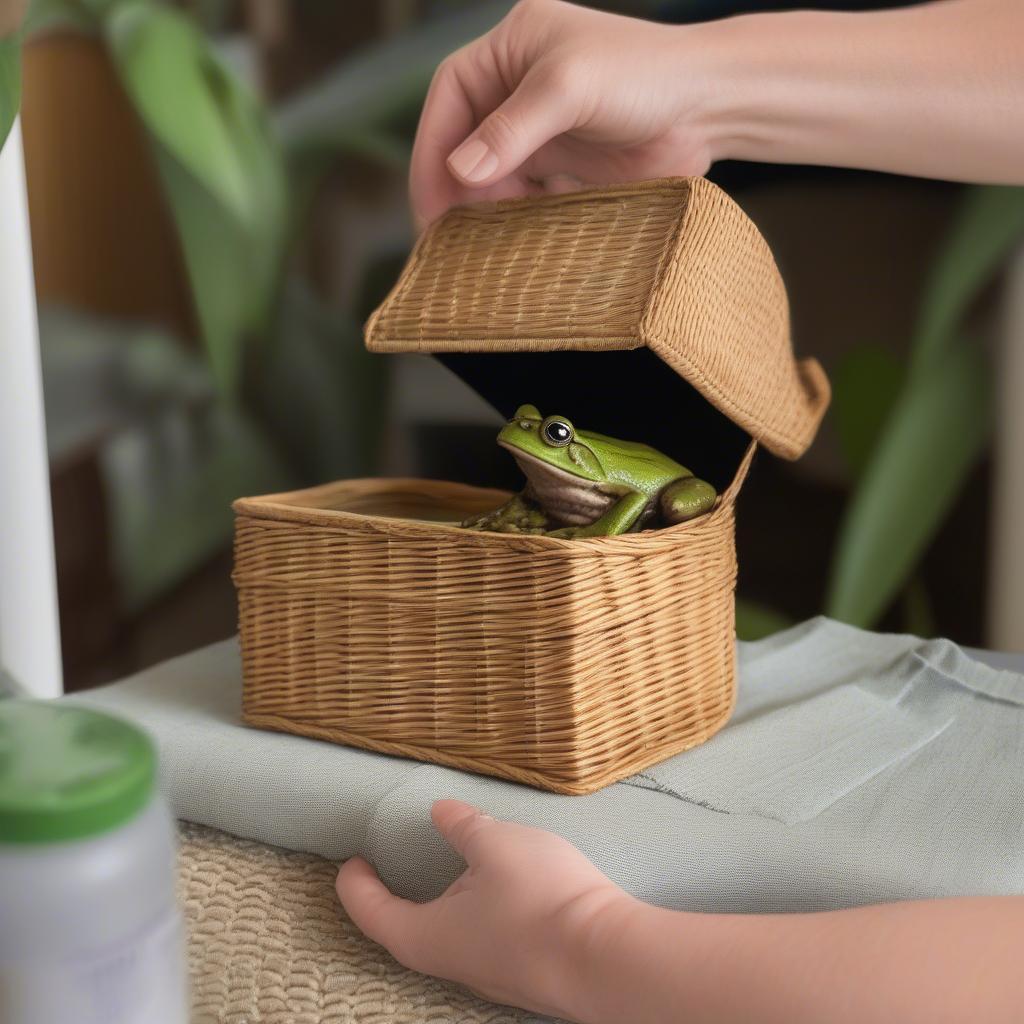 Gently cleaning a wicker frog box with a damp cloth.