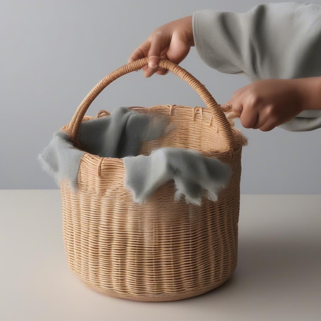 Cleaning a Y weave basket with a soft cloth and brush.