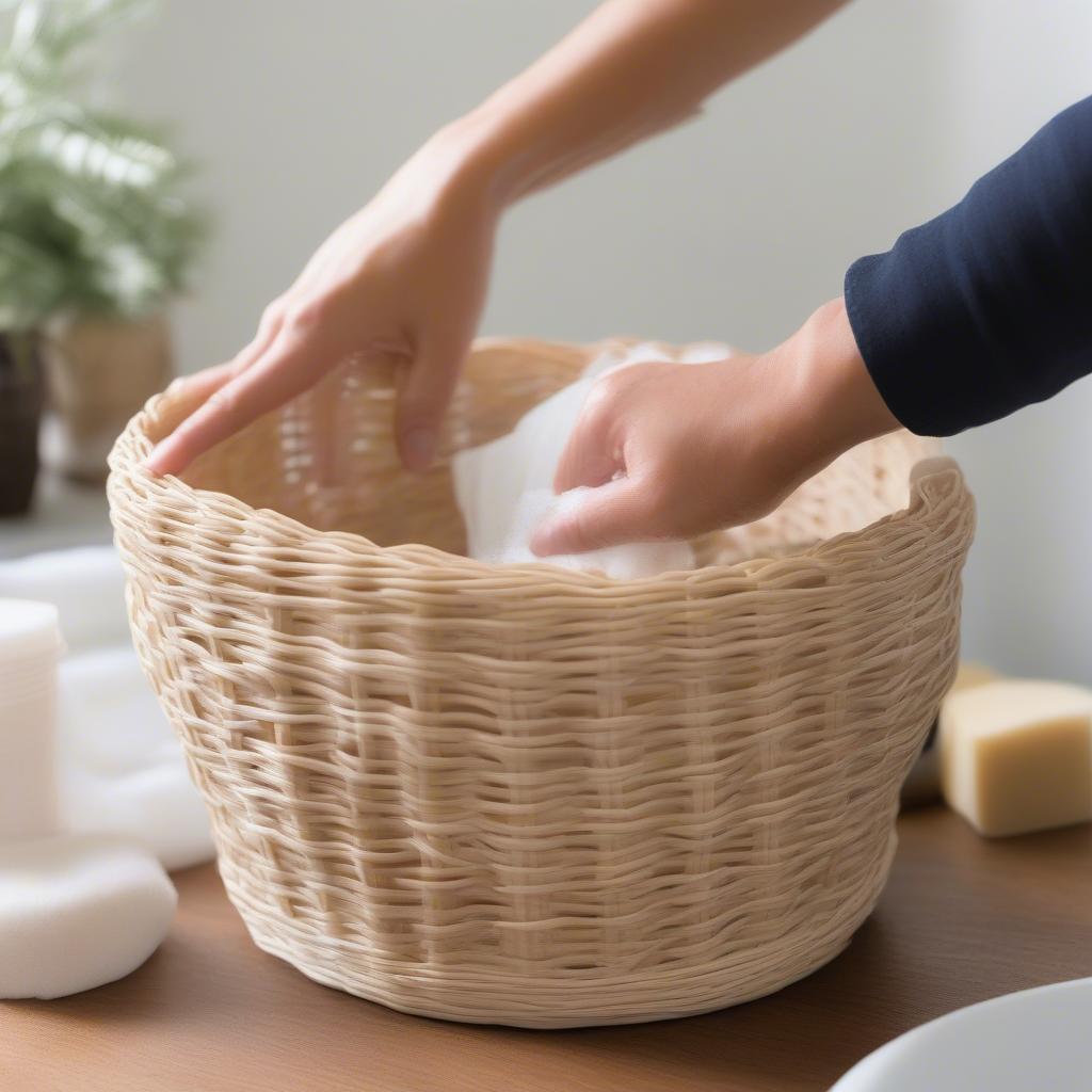  Cleaning a resin wicker basket weave patio storage container with a brush and soapy water.